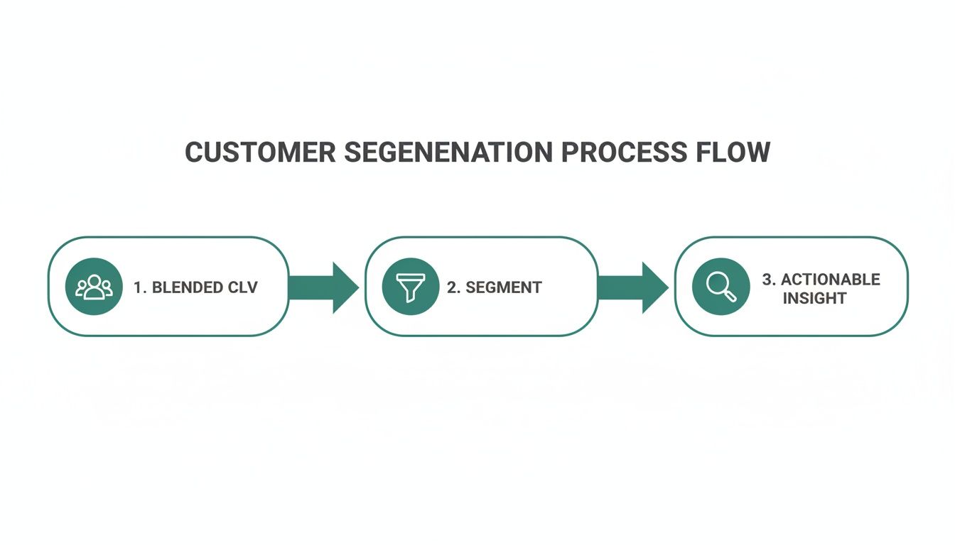 A flowchart outlining the customer segmentation process, from blended CLV to actionable insights.