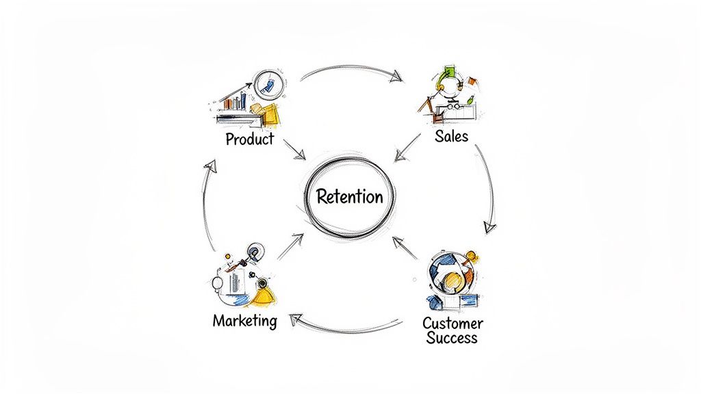Diagram showing Product, Sales, Customer Success, and Marketing departments contributing to Retention in a cycle.
