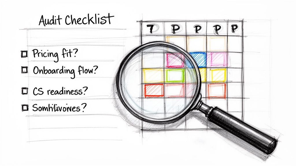 A hand-drawn audit checklist with items, a grid of colored squares, and a magnifying glass.