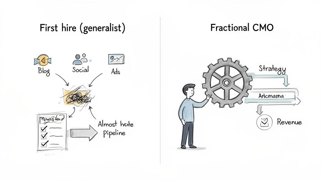 Diagram contrasting a messy generalist marketing hire with an efficient, strategy-driven fractional CMO.