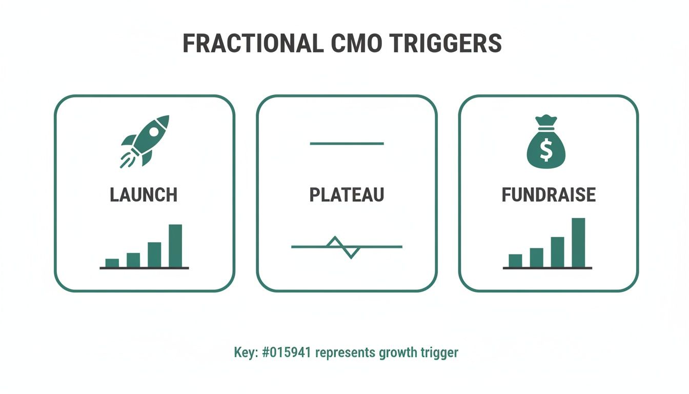 Visual representation of three key triggers for engaging a Fractional CMO: launch, plateau, and fundraise.