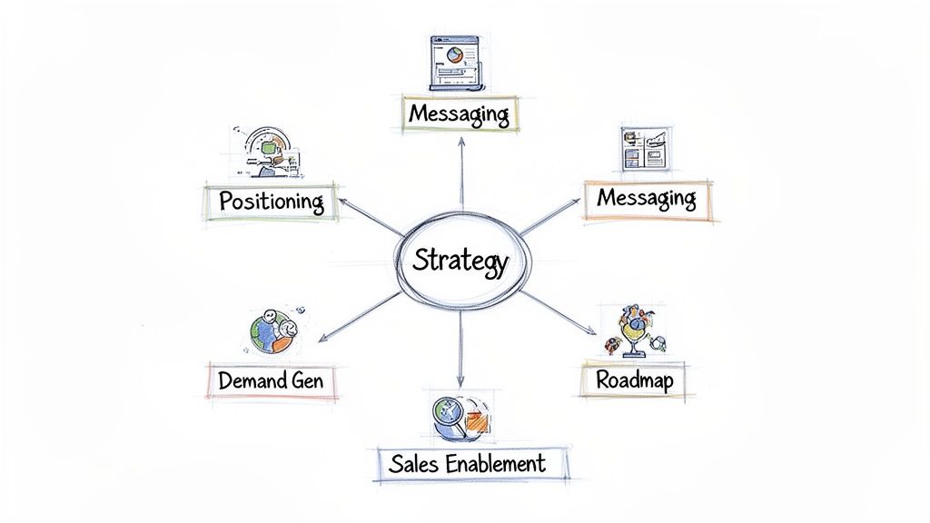 Strategy mind map illustrating key marketing and business components: Messaging, Positioning, Demand Gen, Roadmap, Sales Enablement.