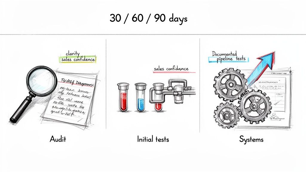 A 30/60/90 day sales roadmap illustrating audit, initial tests, and systems for pipeline improvement and sales confidence.