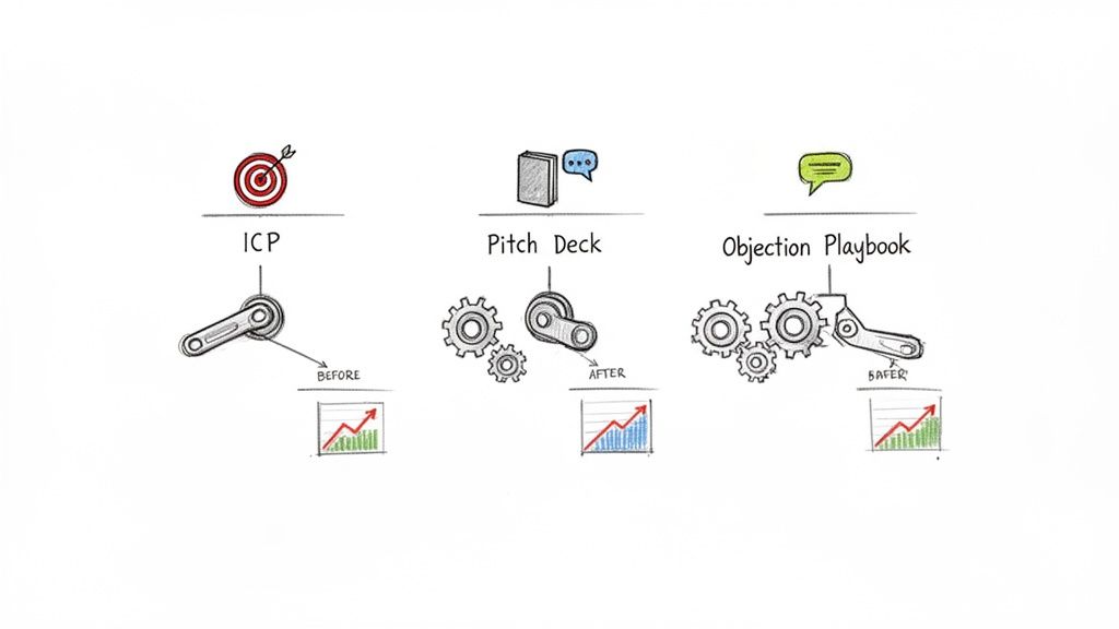 Three illustrations show ICP, Pitch Deck, and Objection Playbook as tools improving sales results.