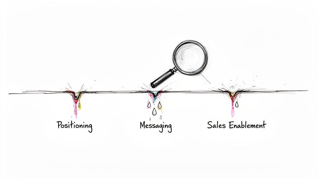 A sketch showing a line with three concepts: Positioning, Messaging, and Sales Enablement, with a magnifying glass on Messaging.
