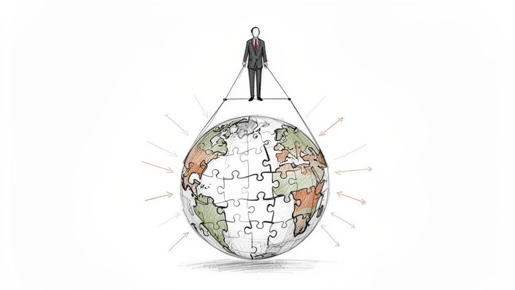 Businessman balancing a puzzle-piece world globe, symbolizing global strategy and interconnectedness.