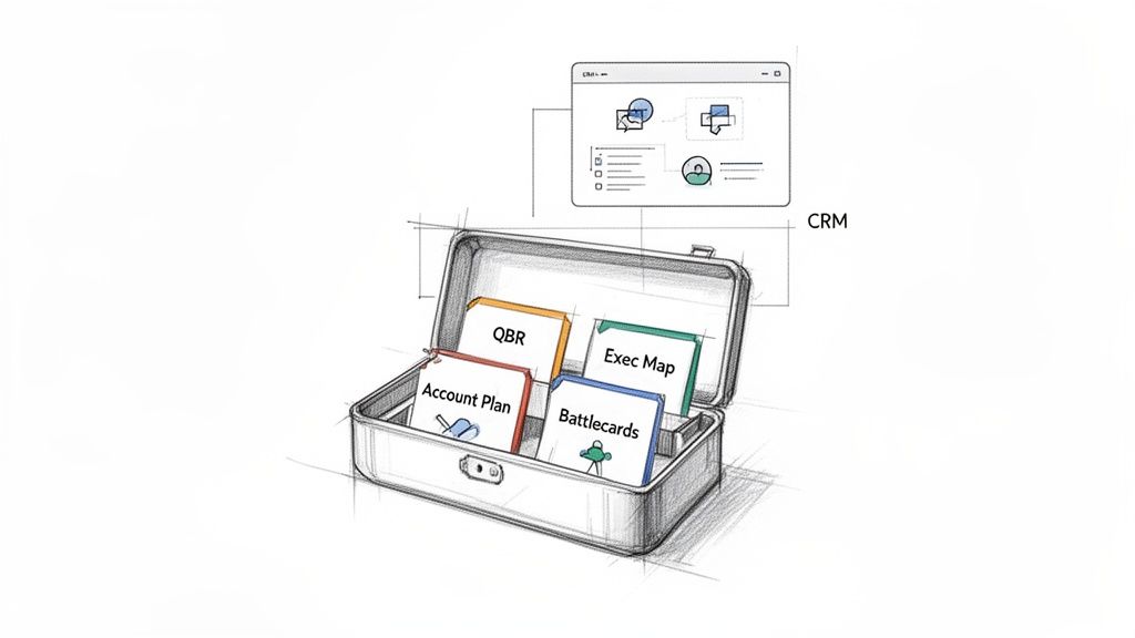 Illustrated briefcase with account management tools: QBR, Exec Map, Account Plan, and Battlecards, connected to CRM.