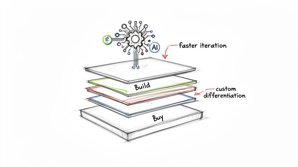 Diagram illustrating AI powering faster iteration and custom differentiation within build vs. buy strategies.