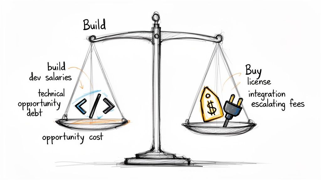 A scale weighing build (dev salaries, tech debt) versus buy (license, integration, fees) software decision.