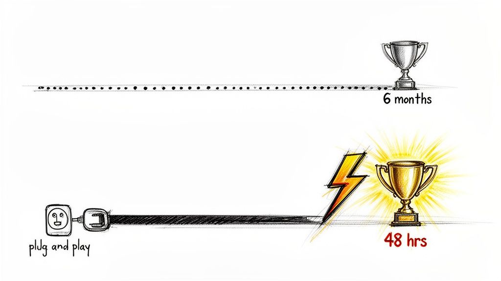Two timelines comparing gradual 6-month effort to a fast 48-hour 'plug and play' path to success with trophies.