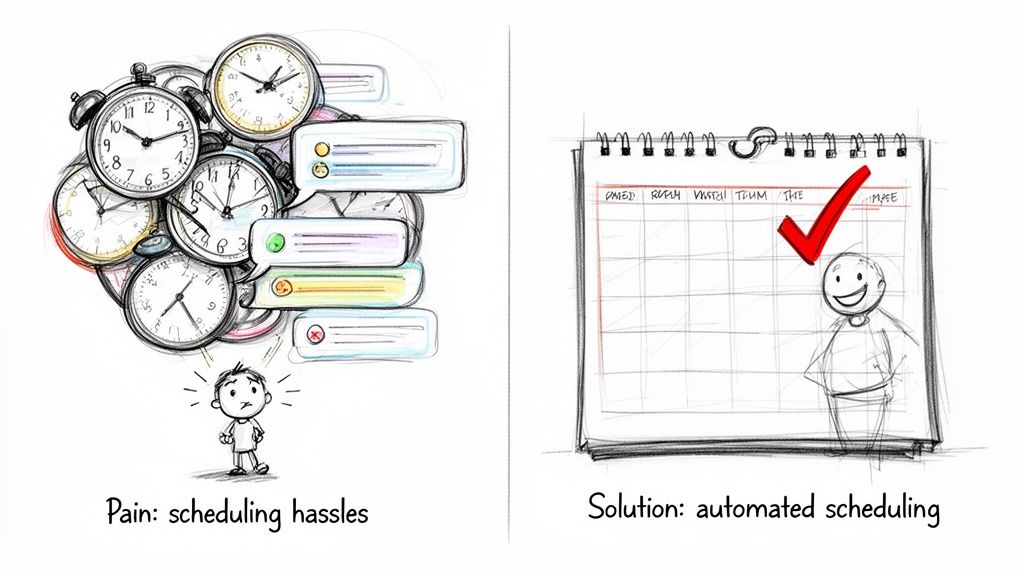A stressed person overwhelmed by alarm clocks and messages, contrasted with a happy person using automated scheduling.