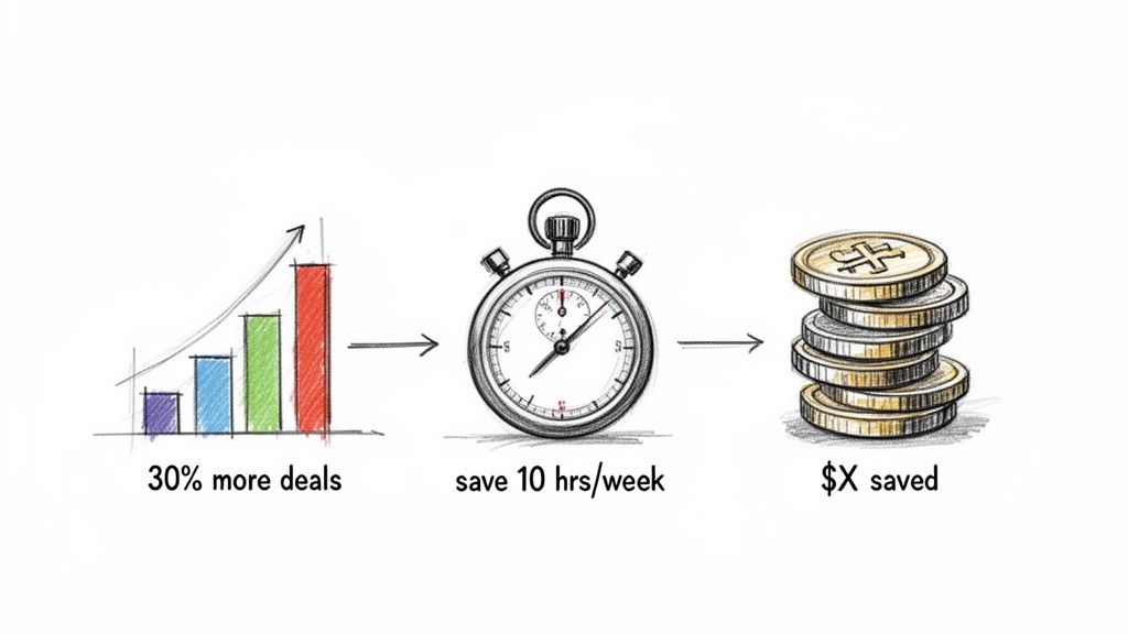 Hand-drawn illustration showing 30% more deals leading to saving 10 hours/week and $X saved.