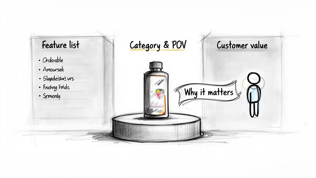 Hand-drawn diagram showing product features, category, and customer value, explaining why it matters.