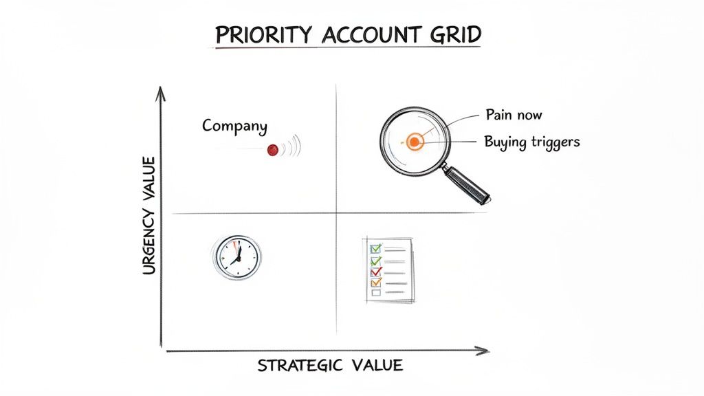 A hand-drawn priority account grid matrix showing urgency value versus strategic value for business accounts.