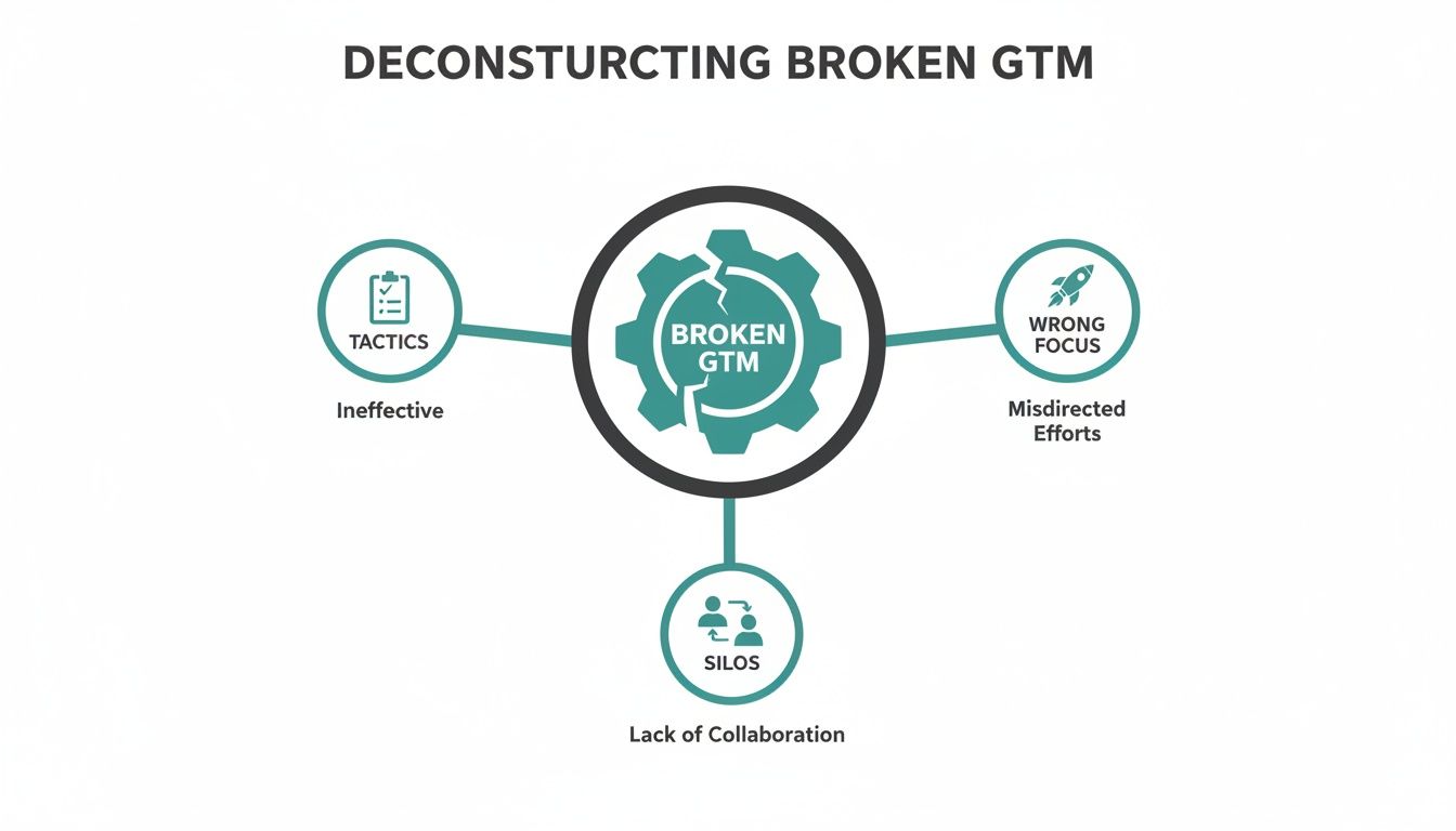 Diagram illustrating a broken Go-To-Market (GTM) strategy with ineffective tactics, wrong focus, and silos.