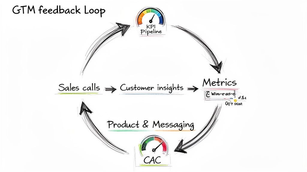 Diagram illustrating a GTM feedback loop showing sales calls, customer insights, metrics, product messaging, KPI pipeline, and CAC.