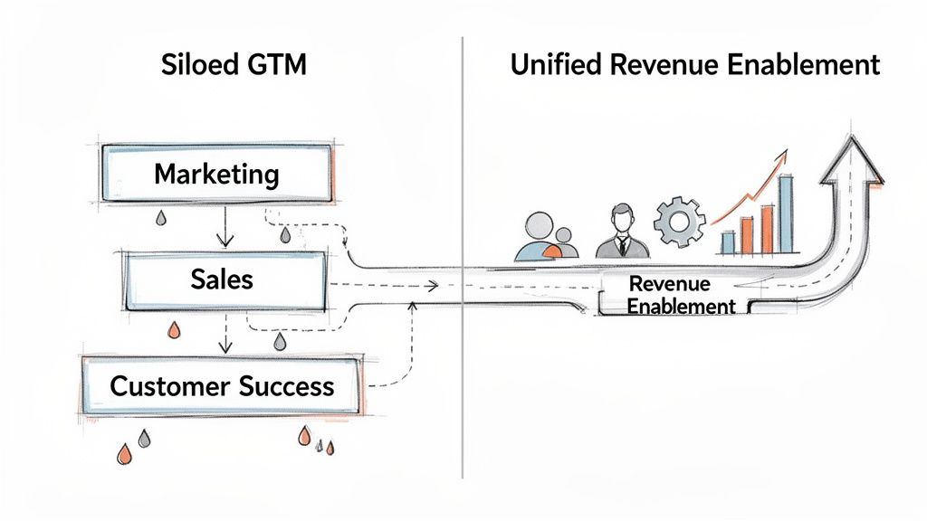 Diagram comparing siloed GTM stages (Marketing, Sales, Customer Success) with unified Revenue Enablement for growth.