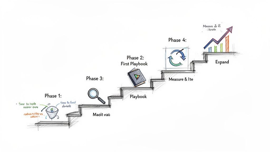 Illustration of a multi-phase journey with steps for revenue enablement: discovery, playbook, measure, iterate, and expand.