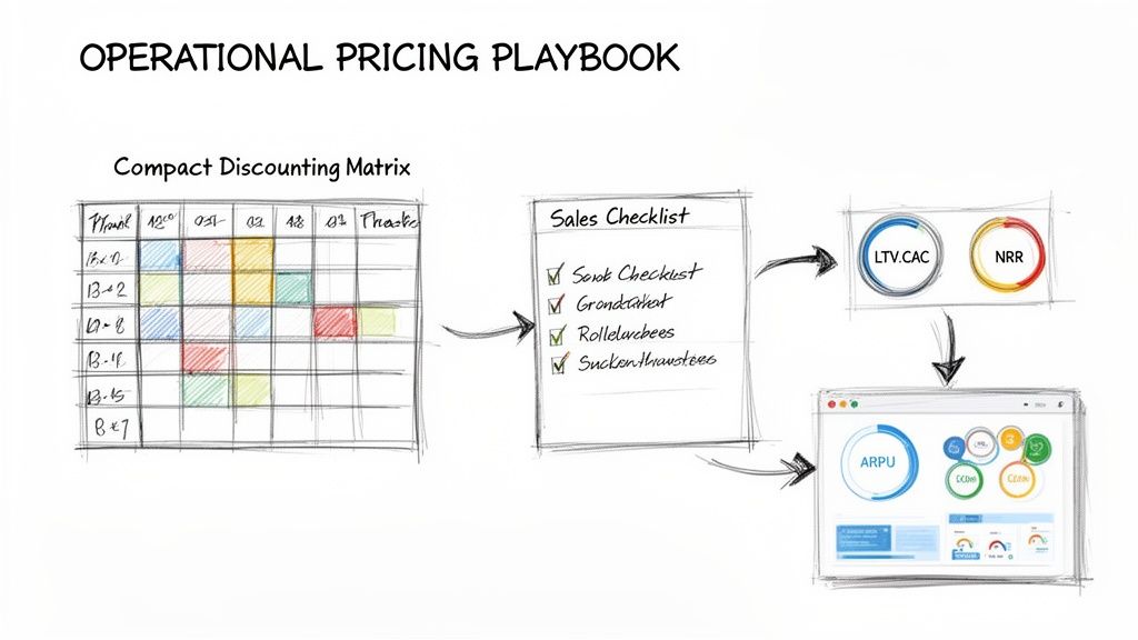 An operational pricing playbook diagram featuring a discounting matrix, sales checklist, and key financial metrics dashboard.