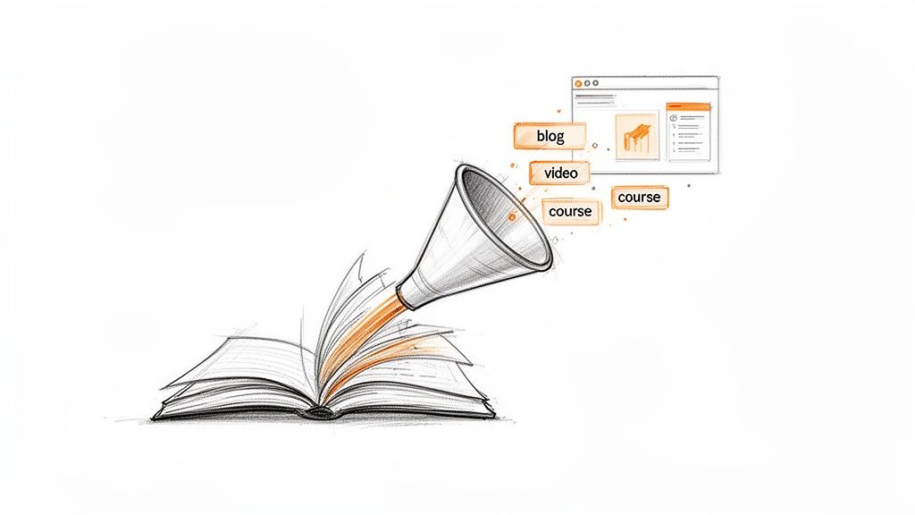 An open book transforming into digital content like blogs, videos, and courses through a megaphone into a web interface.