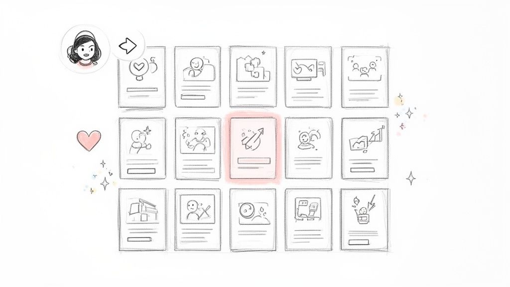 Hand-drawn grid of 15 concept sketch cards, with one highlighted showing a rocket and an upward arrow.