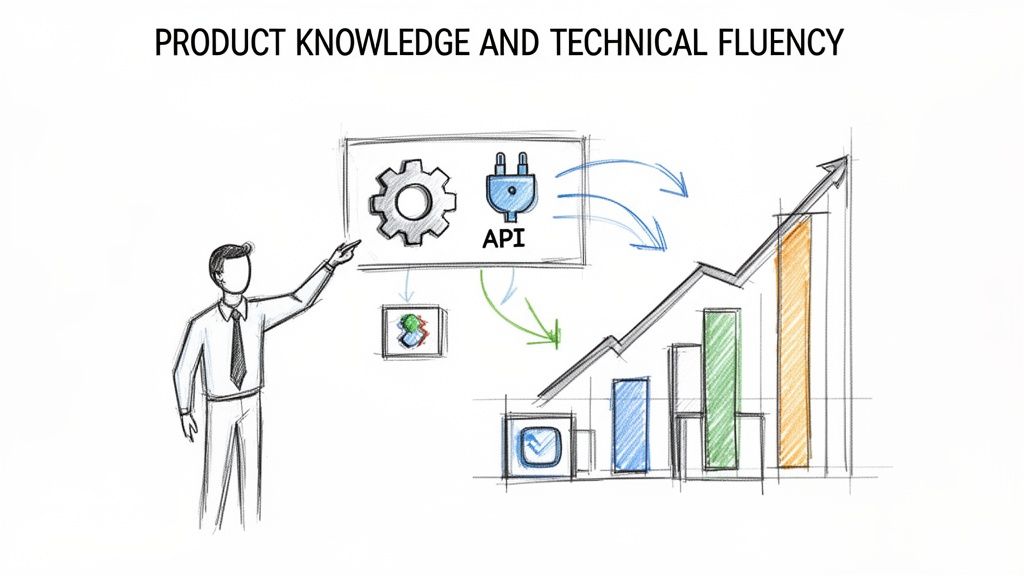 A man points to a diagram illustrating product knowledge and technical fluency driving business growth.