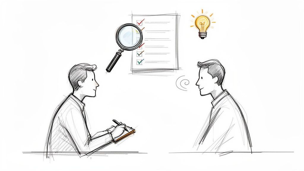Two men in a consultation, one taking notes, with a checklist, magnifying glass, and lightbulb.