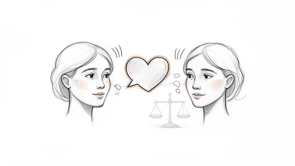Two sketched women communicate empathetically, with a heart speech bubble and a balance scale between them.