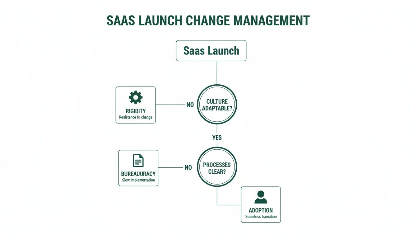 Flowchart illustrating SaaS launch change management, detailing culture adaptability, process clarity, and outcomes.