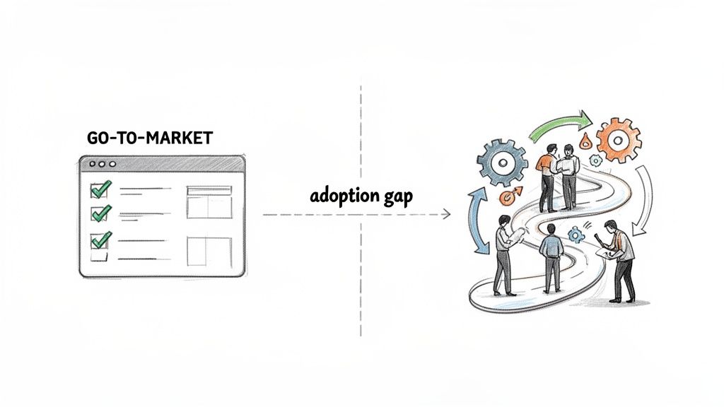 Diagram illustrating a go-to-market plan, an adoption gap, and a team working on implementation.