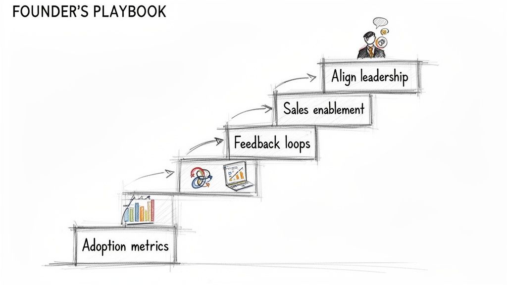 Hand-drawn 'Founder's Playbook' diagram showing a staircase of strategic business process steps.