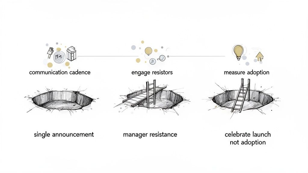 Illustration contrasting effective change management strategies like communication cadence and measuring adoption with common pitfalls.