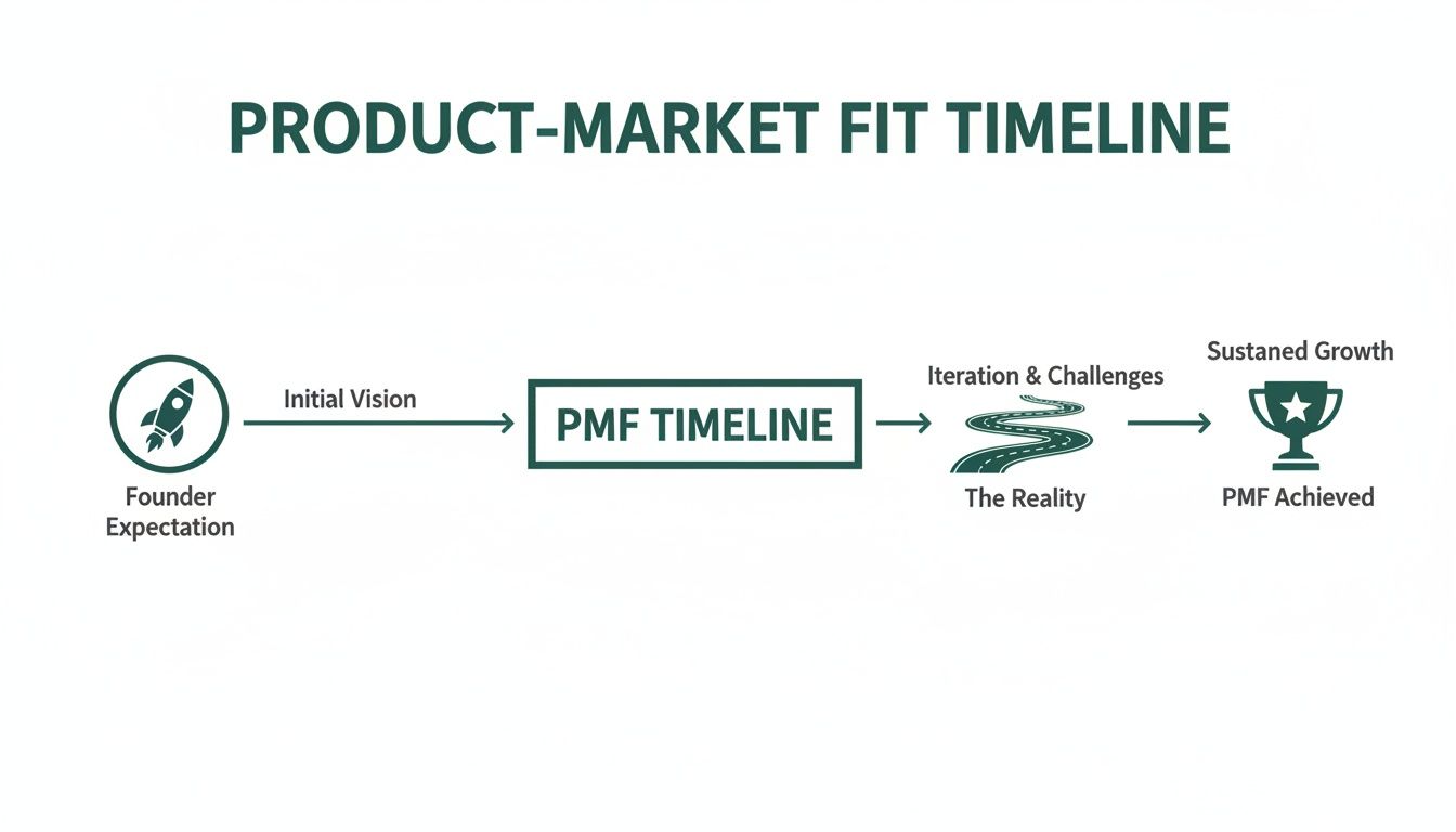 A diagram illustrating the product-market fit timeline from founder expectation to PMF achieved.
