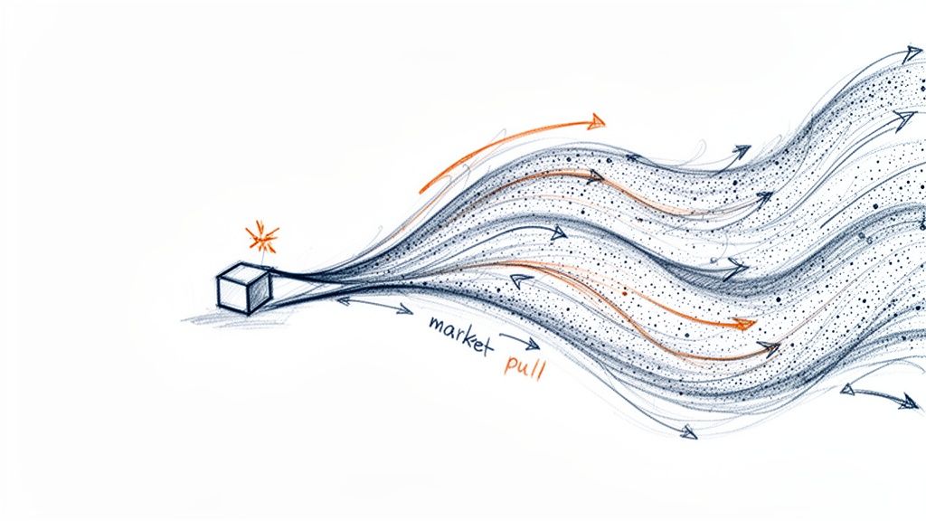 Conceptual sketch illustrating a product cube generating a wavy stream of market pull with arrows.