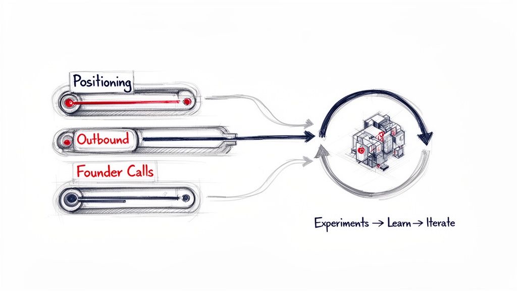 Diagram showing 'Positioning', 'Outbound', 'Founder Calls' as inputs to an 'Experiments -> Learn -> Iterate' cycle.