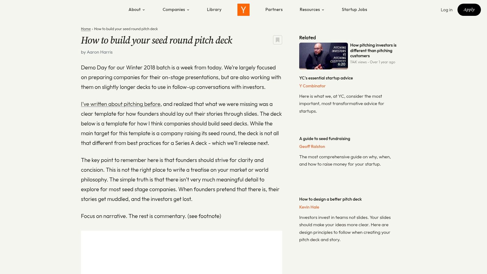 Y Combinator's pitch deck guide, a key resource for the best pitch deck examples for early-stage startups.