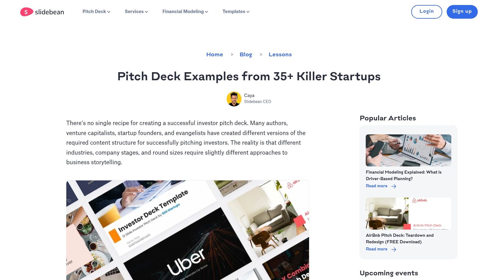 Slidebean's blog post of best pitch deck examples, showing a curated list.