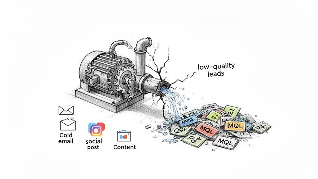 An illustration of a broken pump leaking low-quality MQLs generated from cold email, social posts, and content.