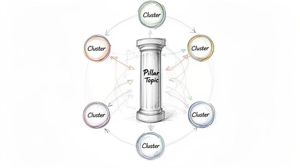 A hand-drawn diagram illustrating a central 'Pillar Topic' surrounded by six 'Cluster' topics with interconnecting arrows.