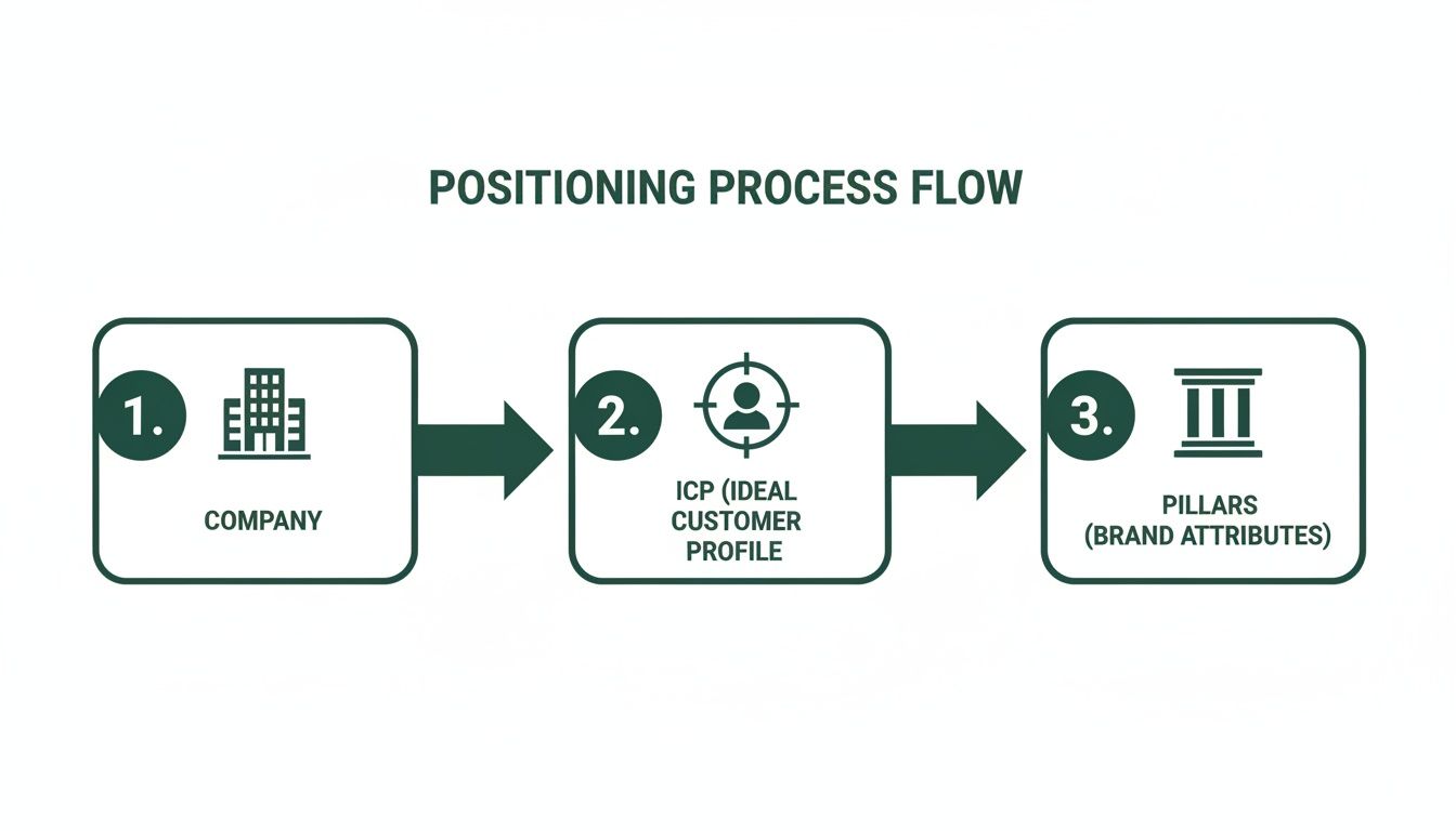 Flowchart showing three steps of the positioning process: company, ideal customer profile, and brand attributes.