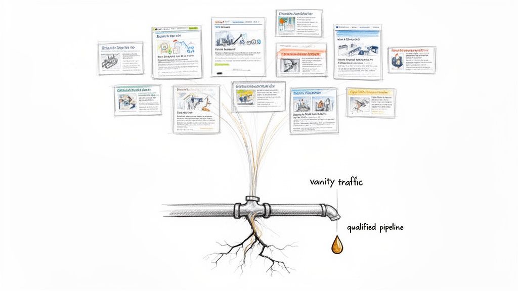 Visualizing content strategy: Many sources create vanity traffic, resulting in a qualified pipeline drop.