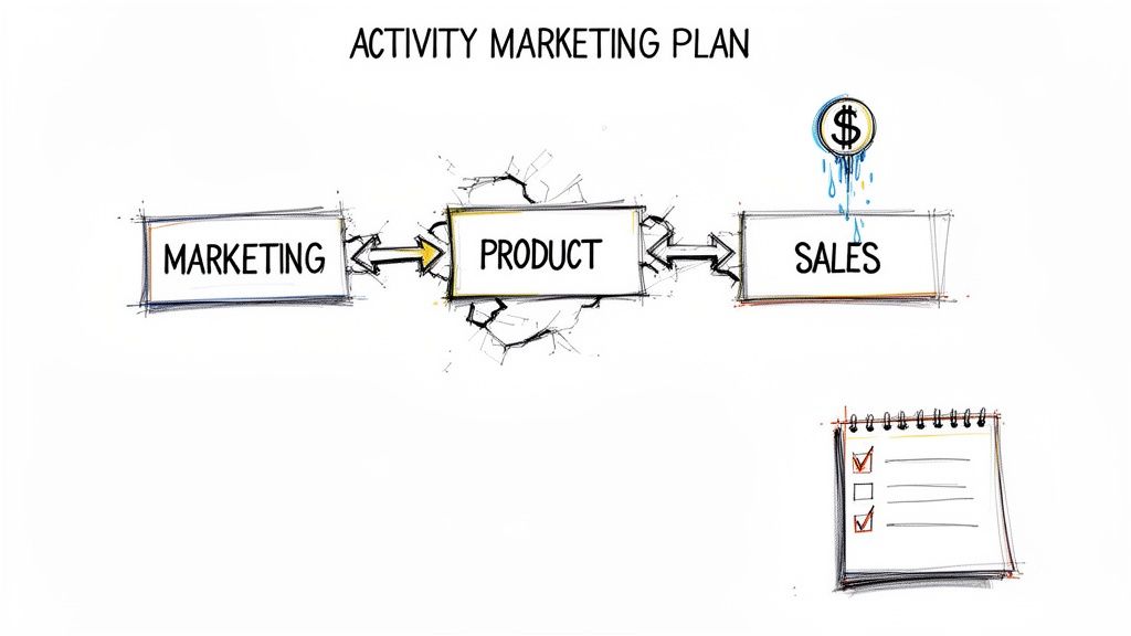 Hand-drawn flowchart illustrating an Activity Marketing Plan: Marketing, Product, Sales with revenue, and a checklist.