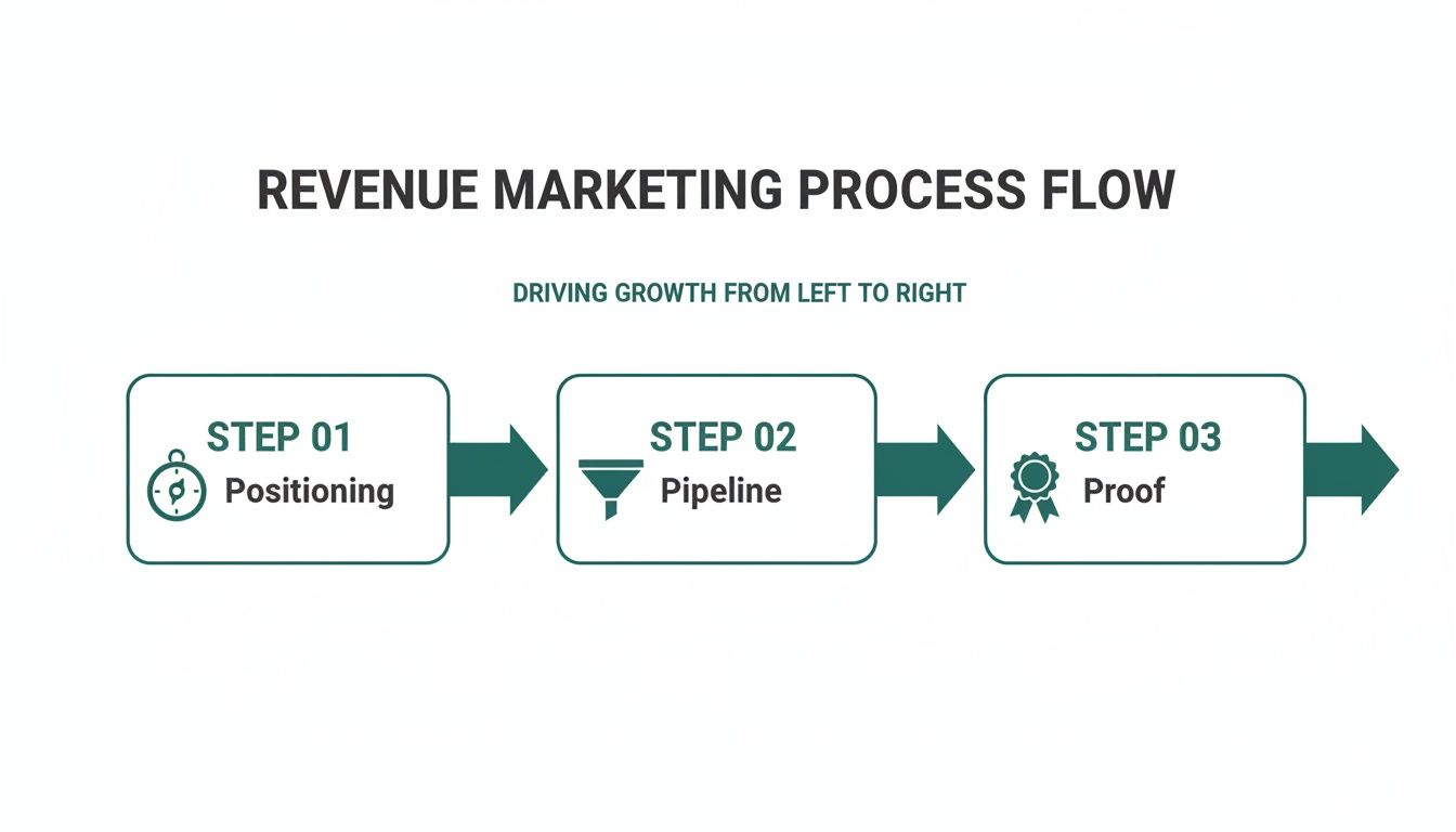 Diagram illustrating the revenue marketing process flow with three steps: positioning, pipeline, and proof.