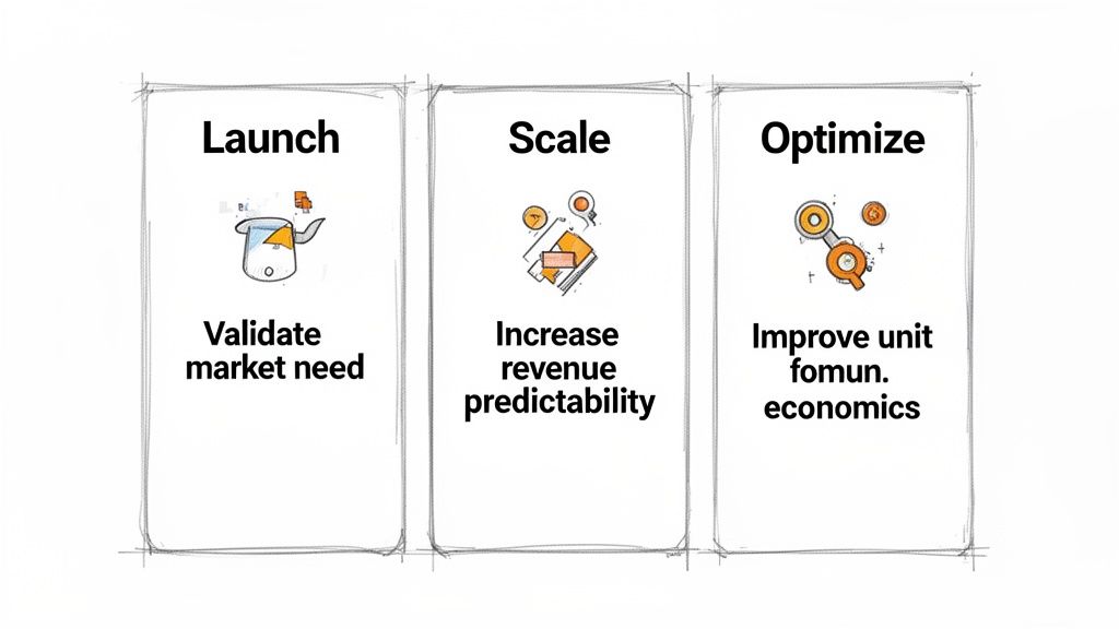 A diagram illustrating three business stages: Launch, Scale, and Optimize, with their corresponding strategic goals.