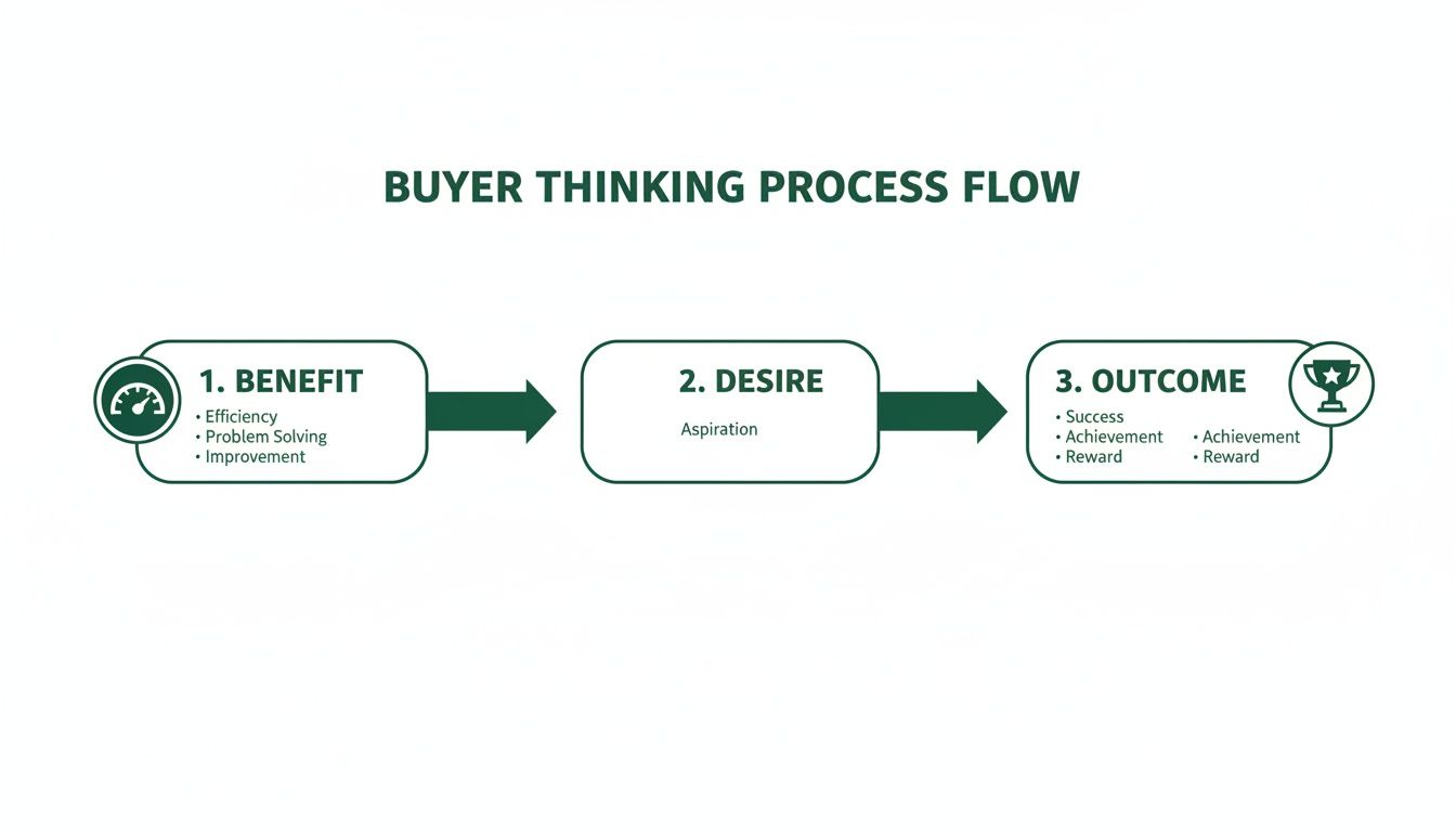 Flowchart illustrating the buyer thinking process with stages: benefit, desire, and outcome.