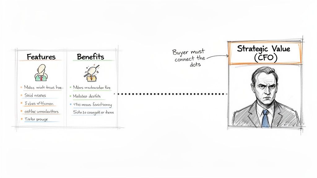 A diagram illustrates connecting product features and benefits to strategic value, specifically for a CFO.
