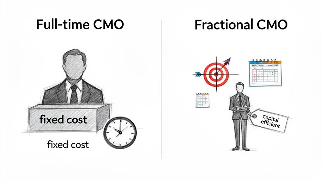 Infographic contrasting full-time CMO with fixed costs versus capital-efficient fractional CMO with flexible schedules.