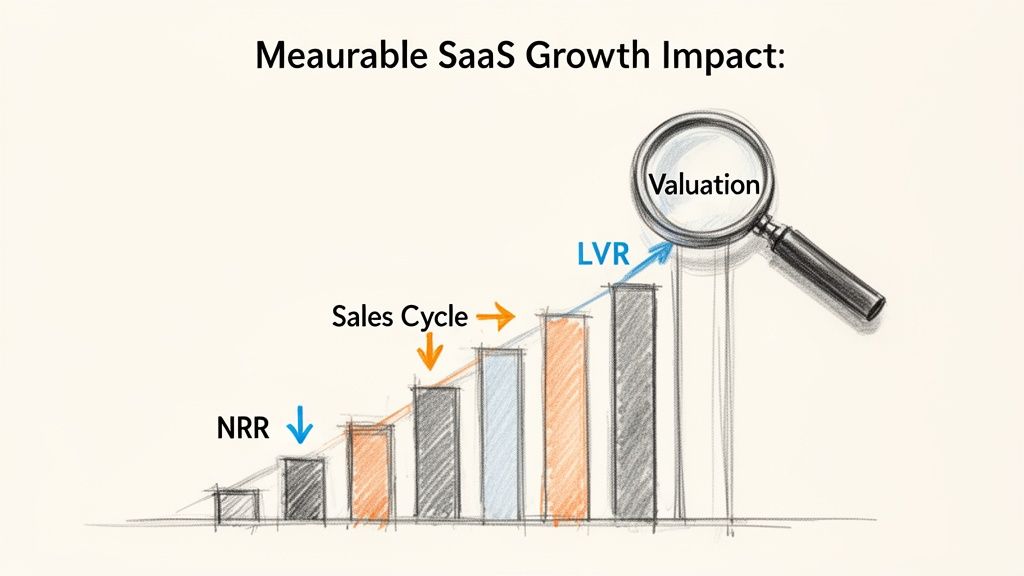 A bar chart illustrating how SaaS growth metrics like NRR, Sales Cycle, and LVR impact valuation.