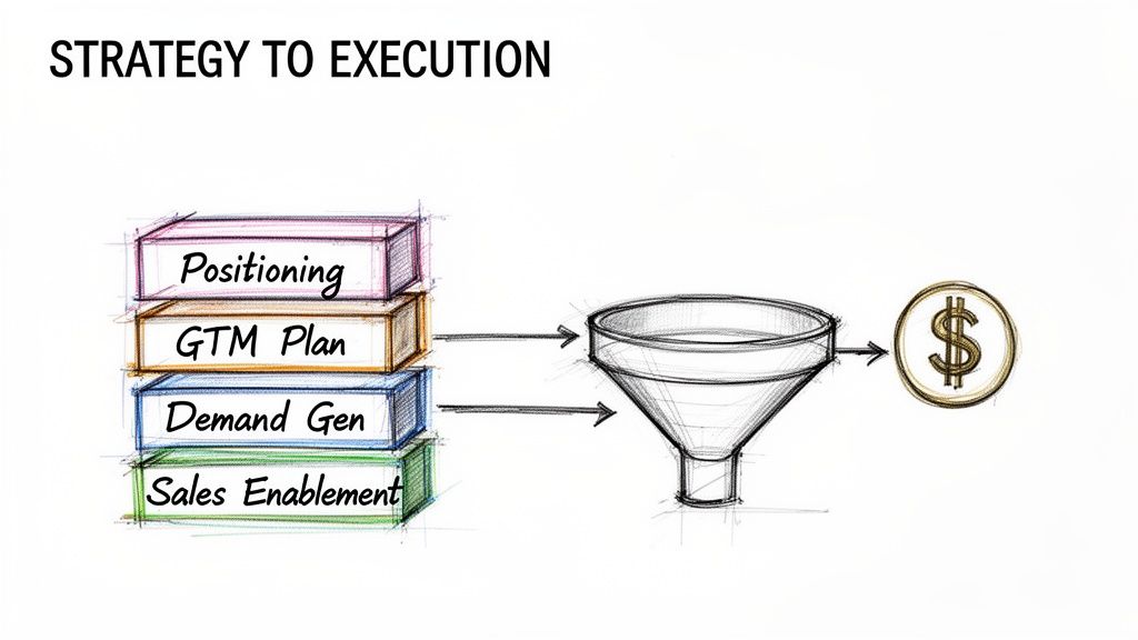 A diagram illustrates strategy to execution with boxes: Positioning, GTM Plan, Demand Gen, Sales Enablement, leading to a funnel and a dollar sign.