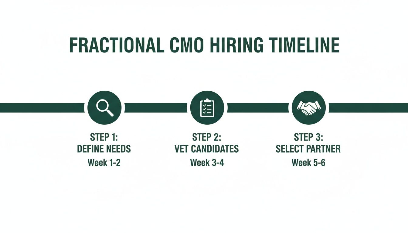 Fractional CMO hiring timeline with three steps: define needs, vet candidates, and select partner over 6 weeks.